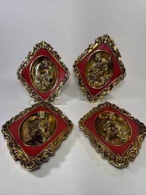4 Vtg Red & Gold Diamond Relief Cherub Wall Hangings Ardco Japan Ceramic H1